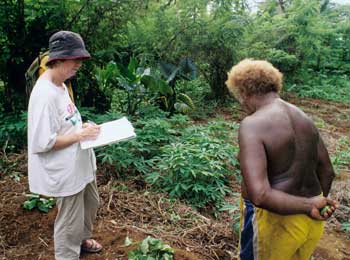 TerraCircle's Fiona Campbell collects information about agroforestry from retired soil scientist, Joseph Kirio (Suva'a Bay, North Malaita, Solomon Islands)